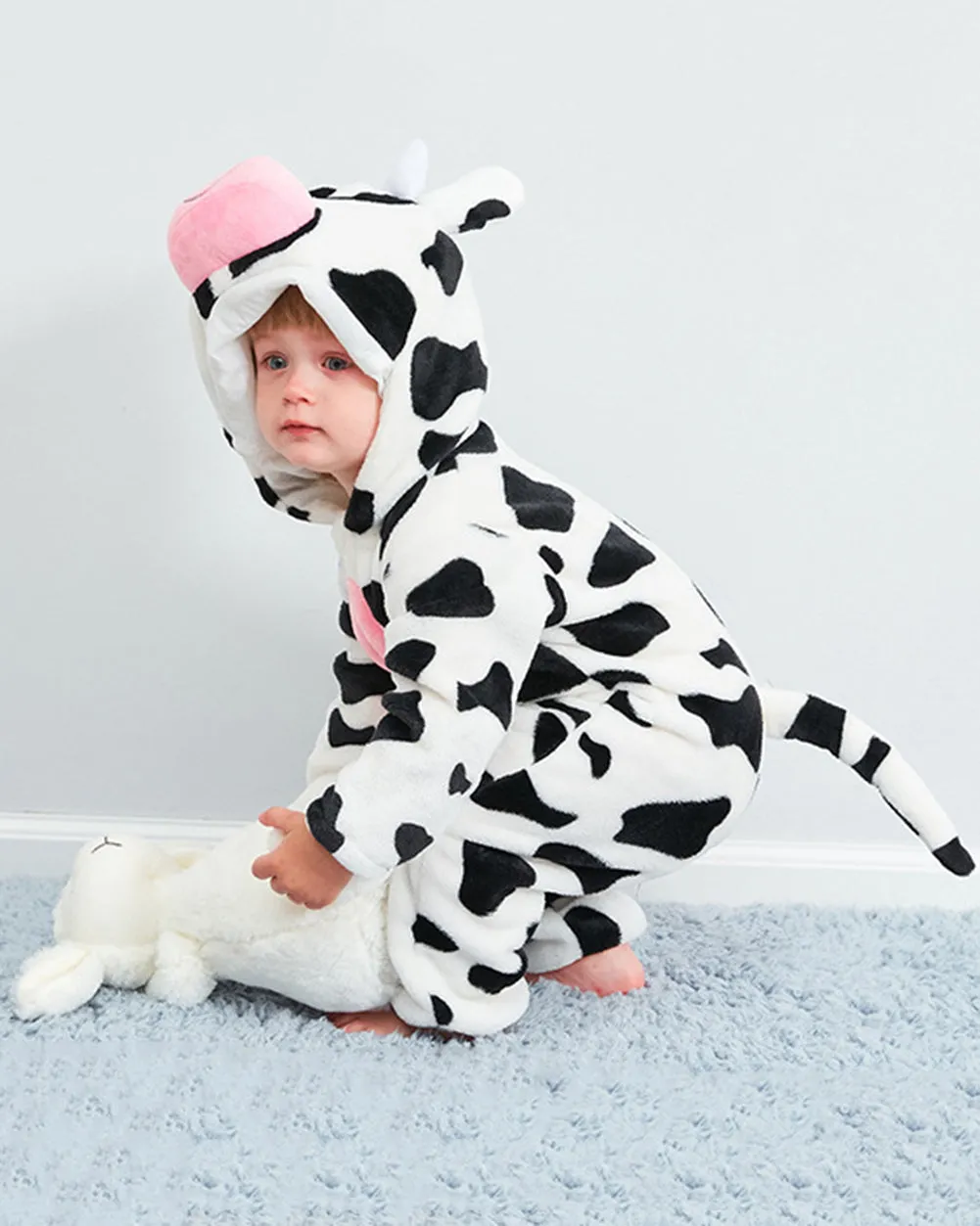 Newborn Baby Cartoon Cow Winter Bunting Bodysuit Warm Hooded Romper Jumpsuit