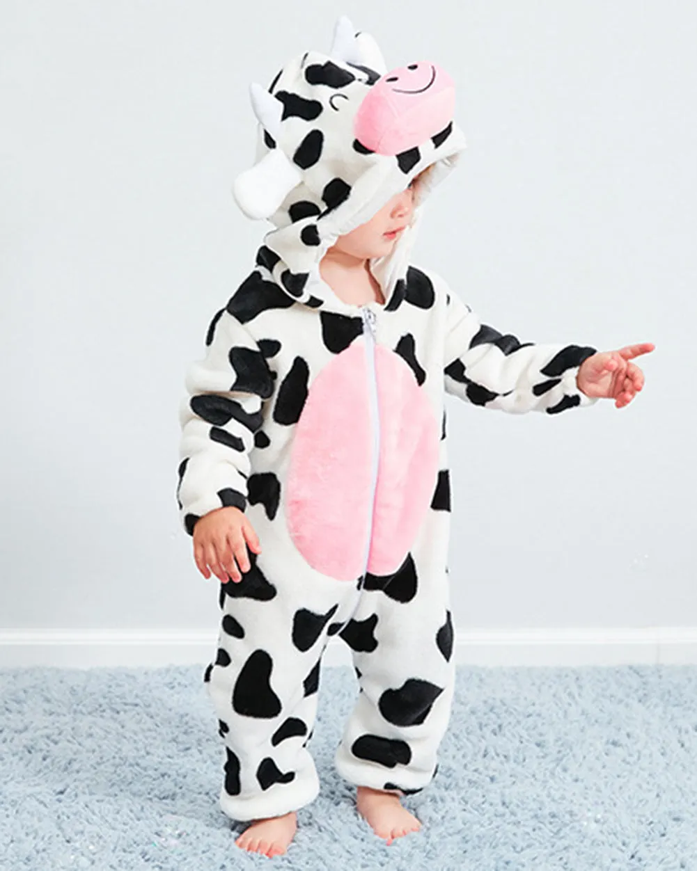 Newborn Baby Cartoon Cow Winter Bunting Bodysuit Warm Hooded Romper Jumpsuit