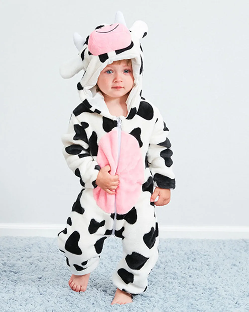 Newborn Baby Cartoon Cow Winter Bunting Bodysuit Warm Hooded Romper Jumpsuit