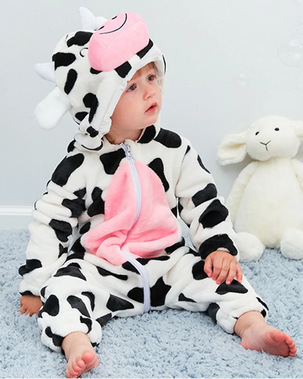 Newborn Baby Cartoon Cow Winter Bunting Bodysuit Warm Hooded Romper Jumpsuit