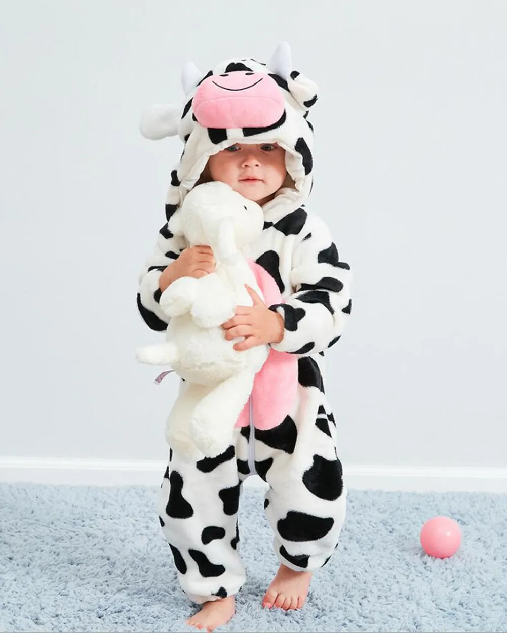 Newborn Baby Cartoon Cow Winter Bunting Bodysuit Warm Hooded Romper Jumpsuit