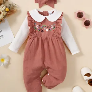 Newborn Infant Romper with Flower Embroidery