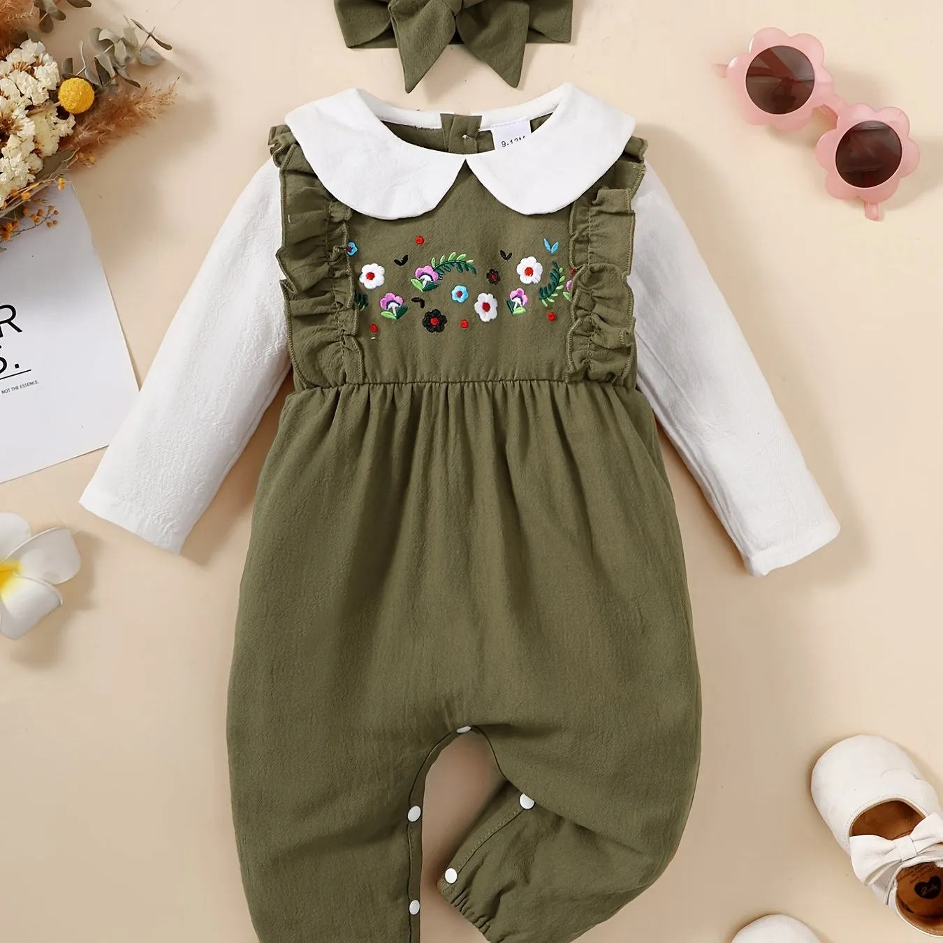 Newborn Infant Romper with Flower Embroidery
