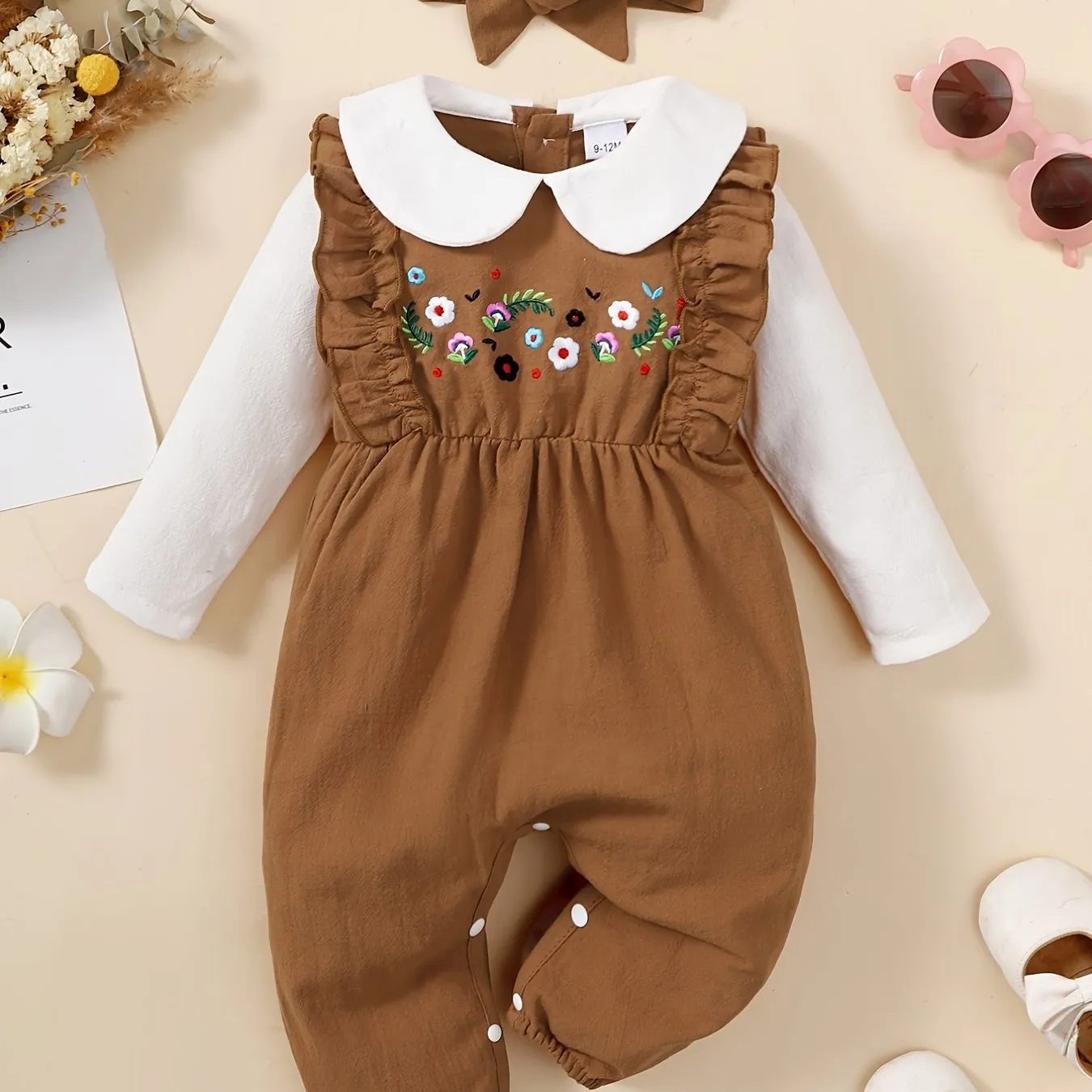 Newborn Infant Romper with Flower Embroidery