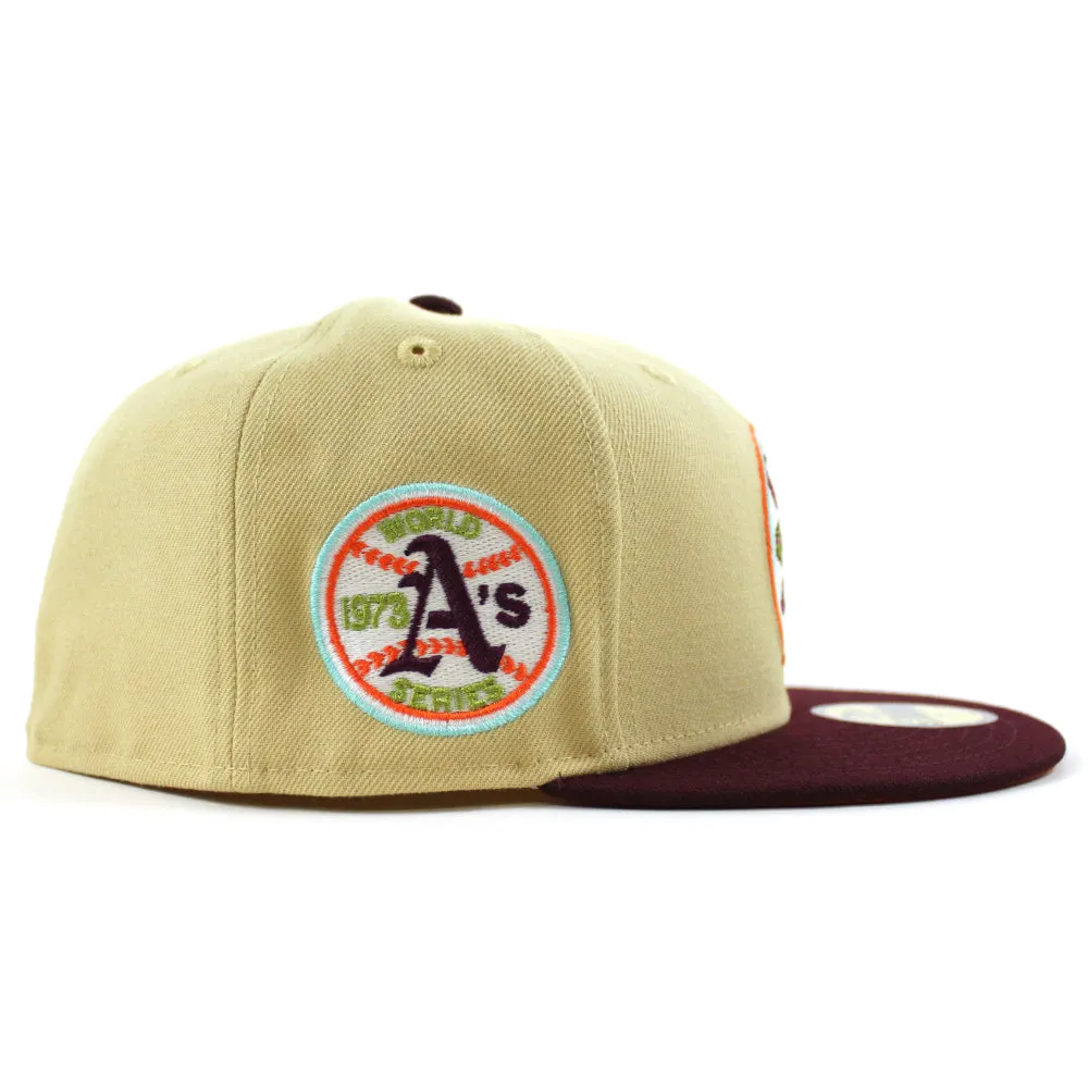 Oakland Athletics 1973 World Series New Era 59Fifty Fitted Hat (GITD VEGAS GOLD MAROON RUST ORANGE Under Brim)