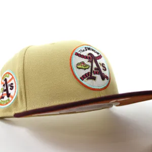 Oakland Athletics 1973 World Series New Era 59Fifty Fitted Hat (GITD VEGAS GOLD MAROON RUST ORANGE Under Brim)