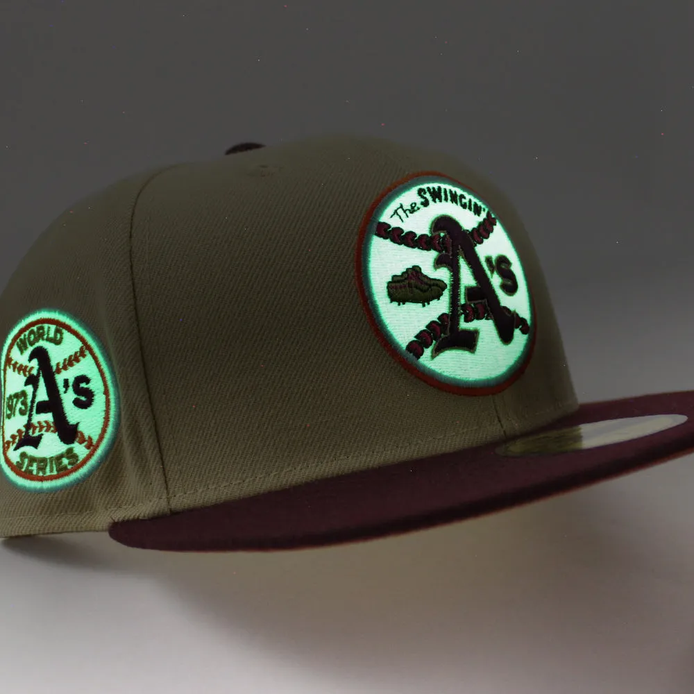 Oakland Athletics 1973 World Series New Era 59Fifty Fitted Hat (GITD VEGAS GOLD MAROON RUST ORANGE Under Brim)