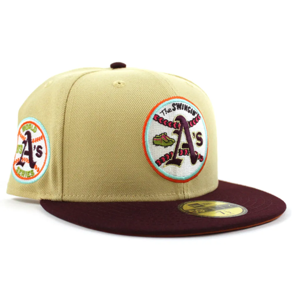 Oakland Athletics 1973 World Series New Era 59Fifty Fitted Hat (GITD VEGAS GOLD MAROON RUST ORANGE Under Brim)