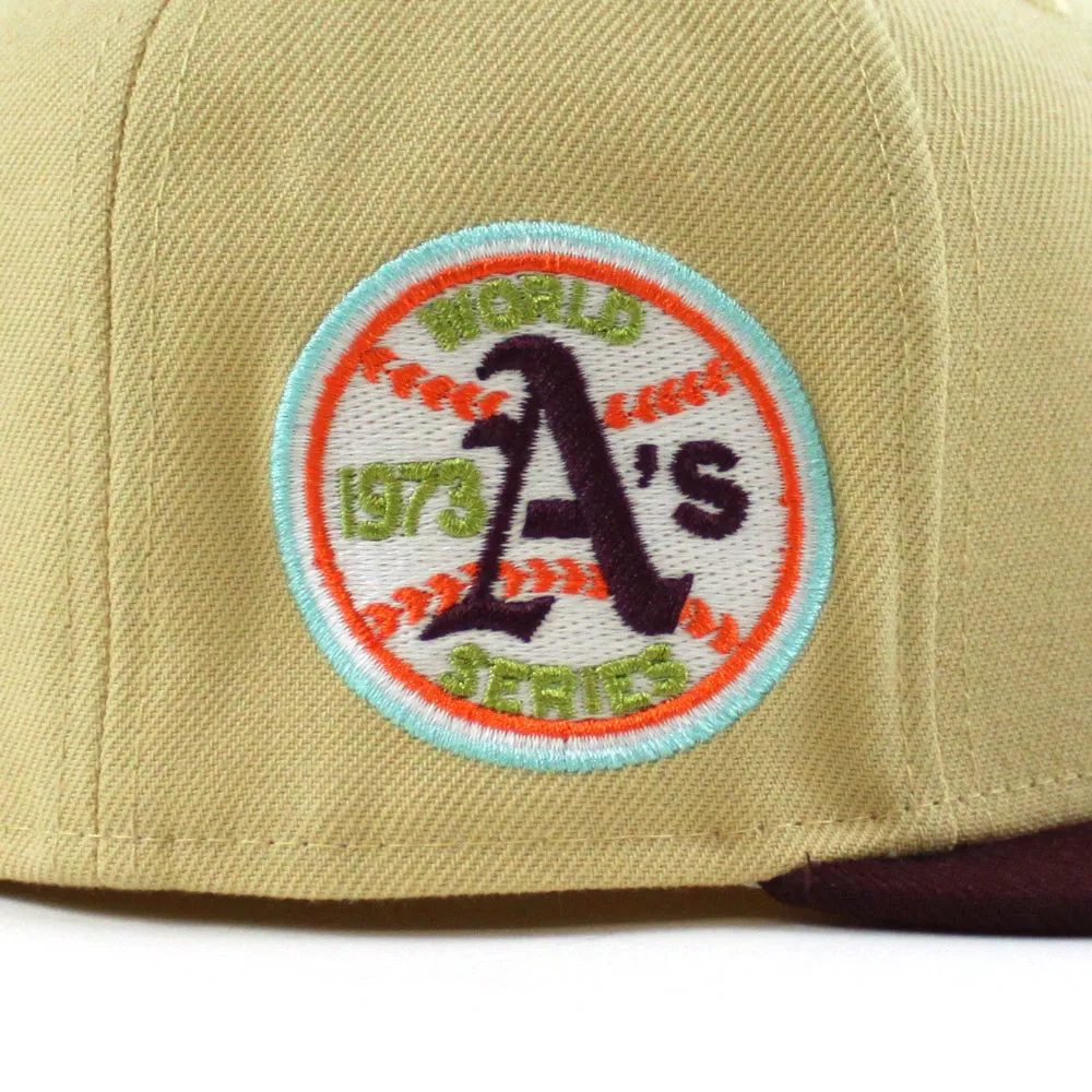 Oakland Athletics 1973 World Series New Era 59Fifty Fitted Hat (GITD VEGAS GOLD MAROON RUST ORANGE Under Brim)