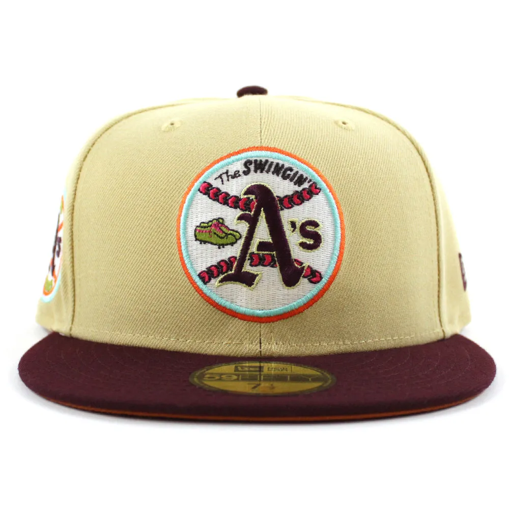 Oakland Athletics 1973 World Series New Era 59Fifty Fitted Hat (GITD VEGAS GOLD MAROON RUST ORANGE Under Brim)