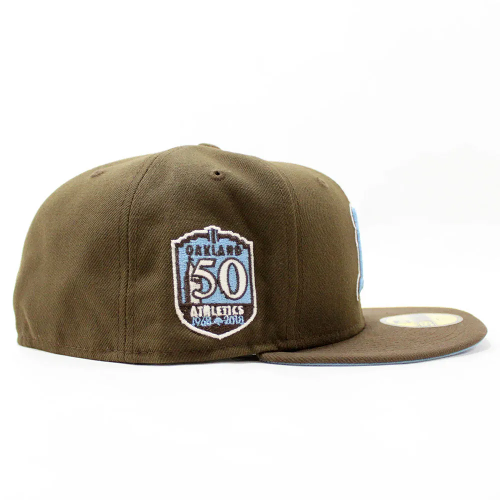 Oakland Athletics 50th Anniversary New Era 59Fifty Fitted Hat (Glow in the Dark Walnut Sky Blue Under Brim)