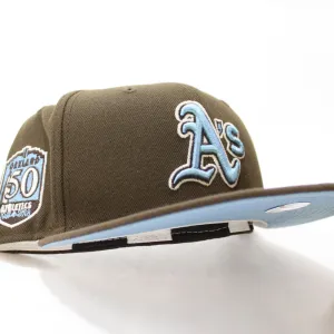 Oakland Athletics 50th Anniversary New Era 59Fifty Fitted Hat (Glow in the Dark Walnut Sky Blue Under Brim)