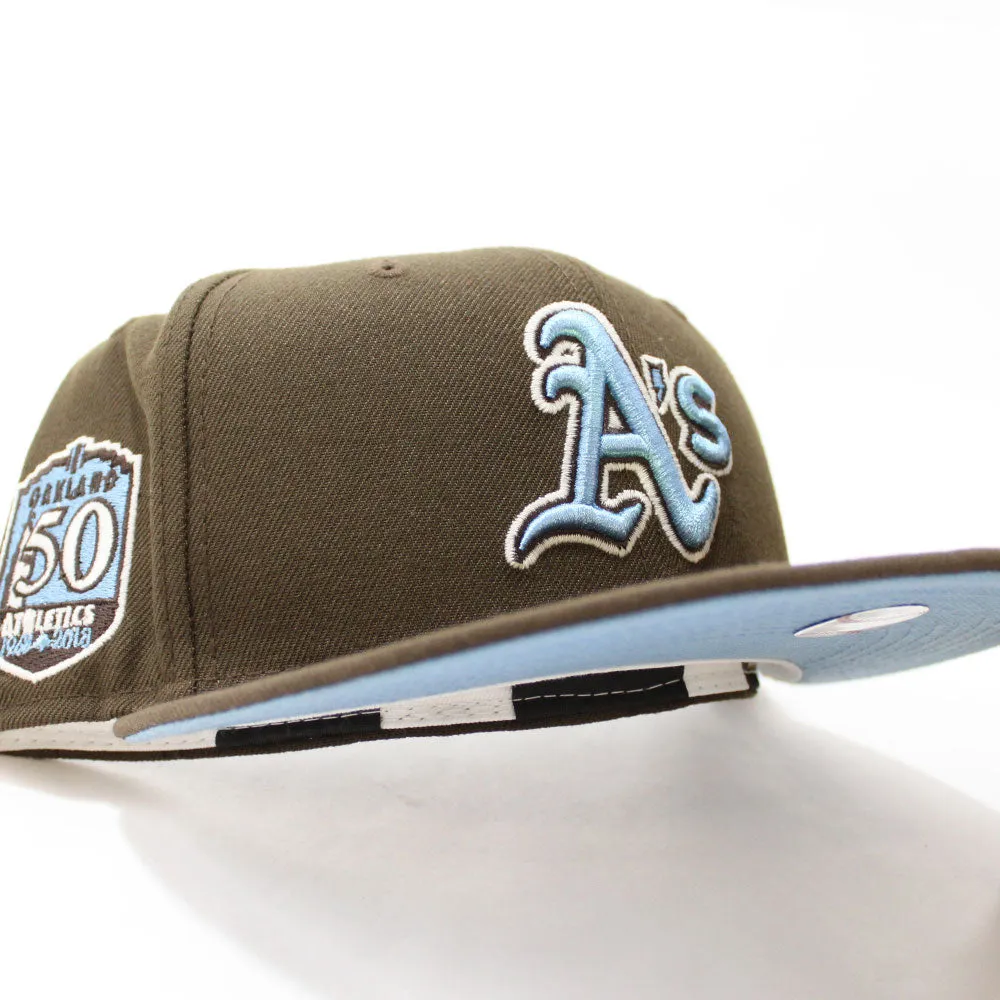 Oakland Athletics 50th Anniversary New Era 59Fifty Fitted Hat (Glow in the Dark Walnut Sky Blue Under Brim)