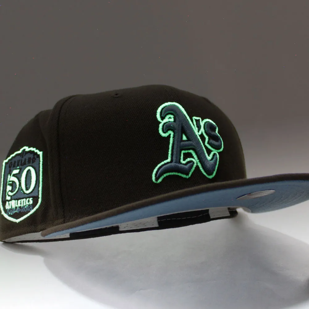 Oakland Athletics 50th Anniversary New Era 59Fifty Fitted Hat (Glow in the Dark Walnut Sky Blue Under Brim)
