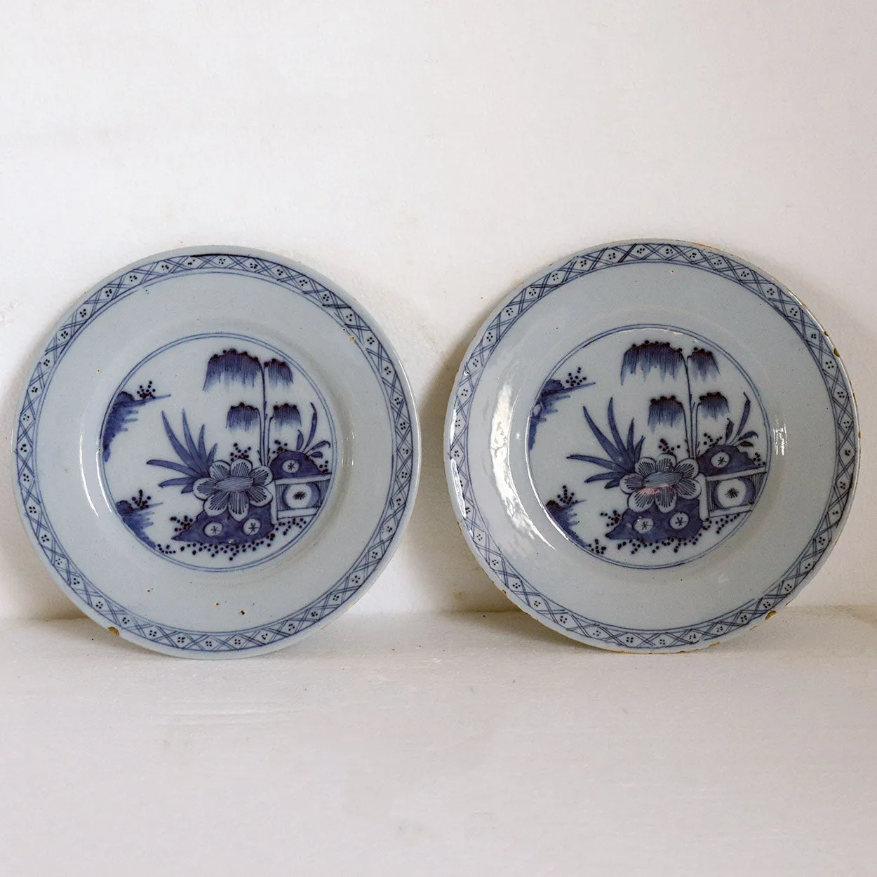 Pair of Dutch Delft Tin-Glazed Earthenware Blue and White Plates