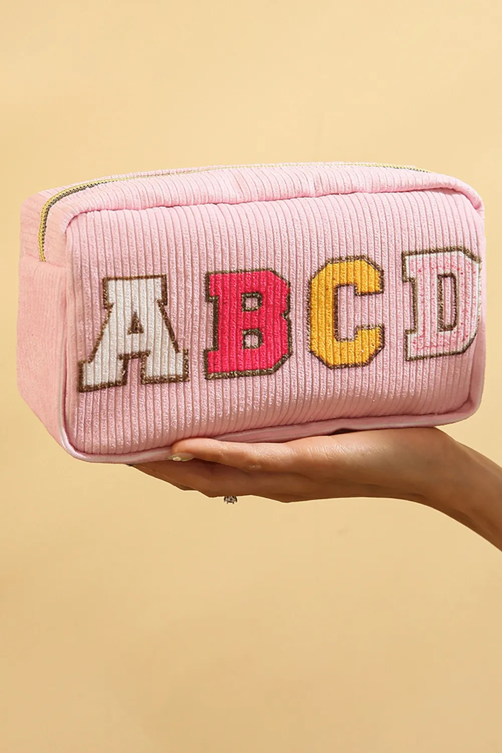 Pink ABCD Letter Decor Corduroy Zipper Cosmetic Bag