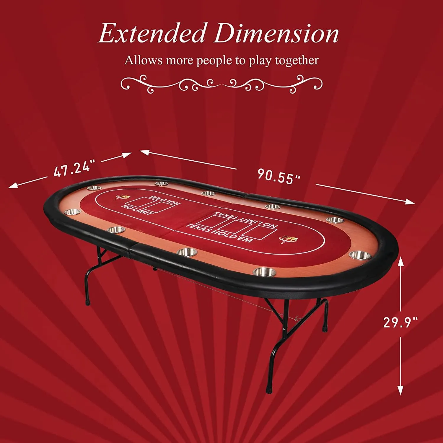 Poker Table Foldable Large 10 Players Casino Table Texas Holdem  Red Felt Surface With 10 Stainless Steel Cup Holders & Padded Poker Table