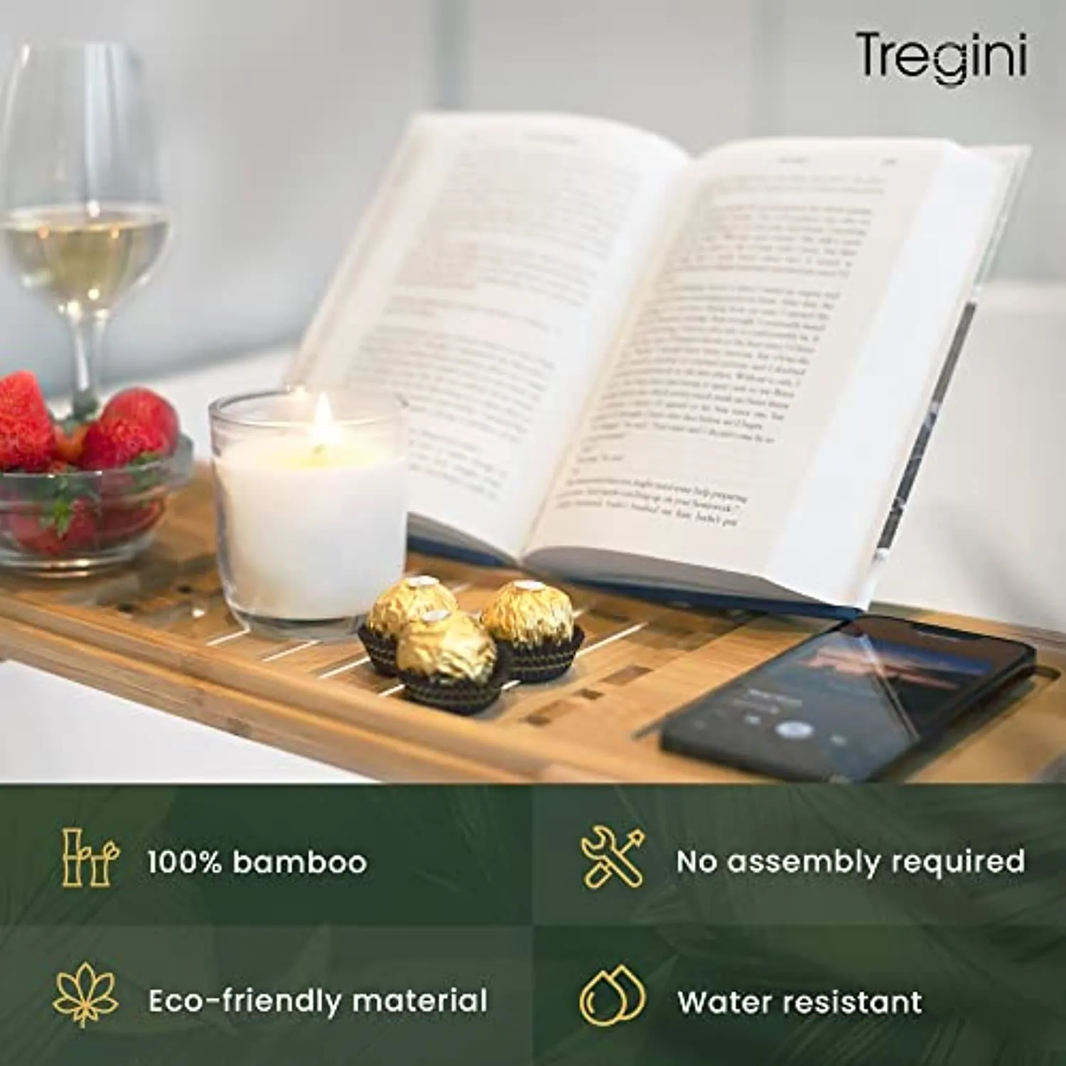 Premium Bath Caddy - Extendable Bamboo Wood Bathtub Tray with Adjustable Reading Rack for Book, iPad or Kindle - Tablet Slot or Cellphone - Wine Glass Holder
