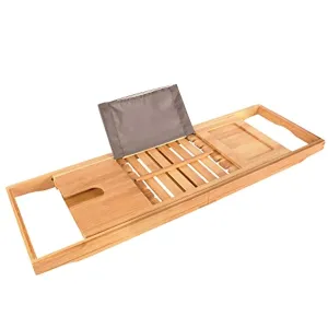 Premium Bath Caddy - Extendable Bamboo Wood Bathtub Tray with Adjustable Reading Rack for Book, iPad or Kindle - Tablet Slot or Cellphone - Wine Glass Holder