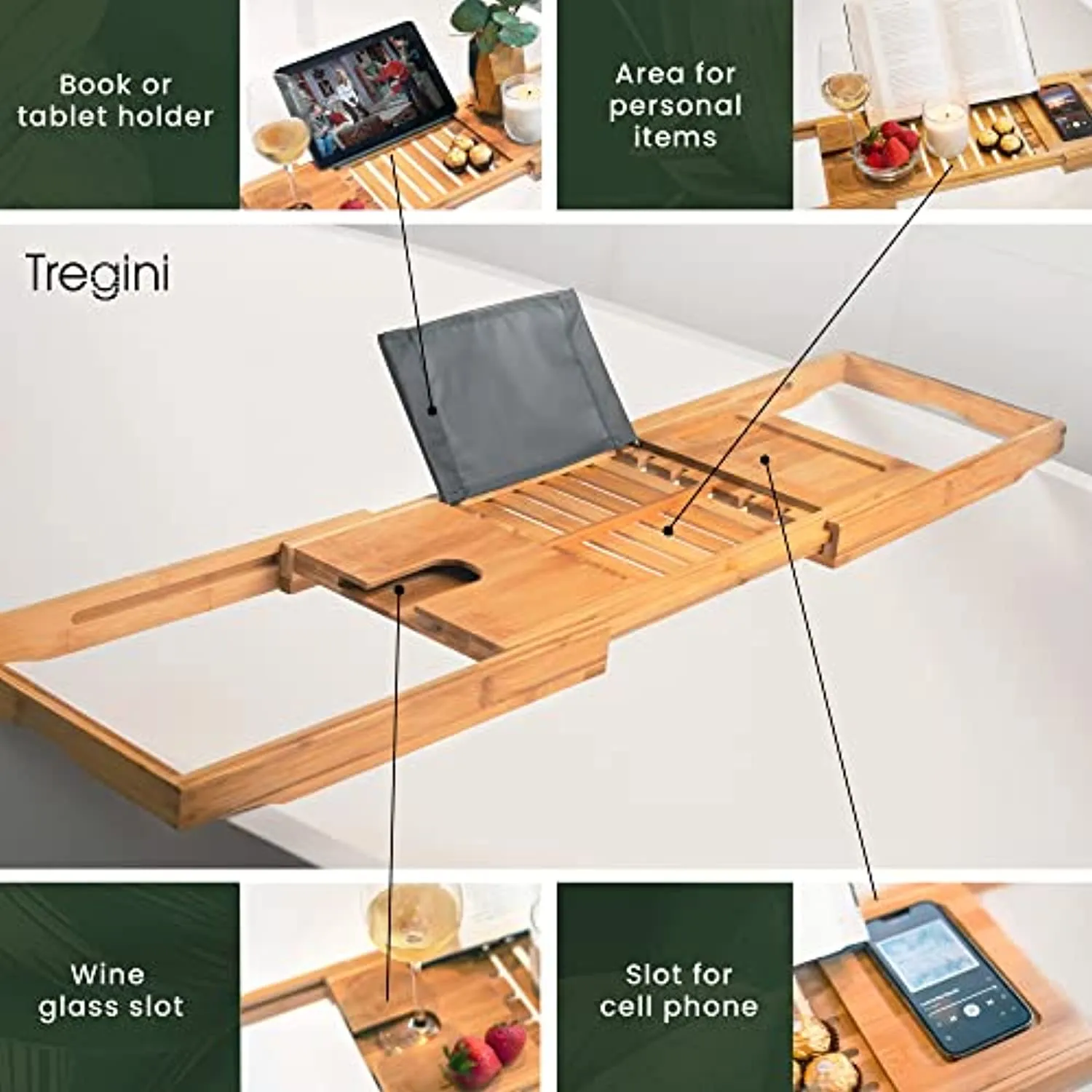 Premium Bath Caddy - Extendable Bamboo Wood Bathtub Tray with Adjustable Reading Rack for Book, iPad or Kindle - Tablet Slot or Cellphone - Wine Glass Holder