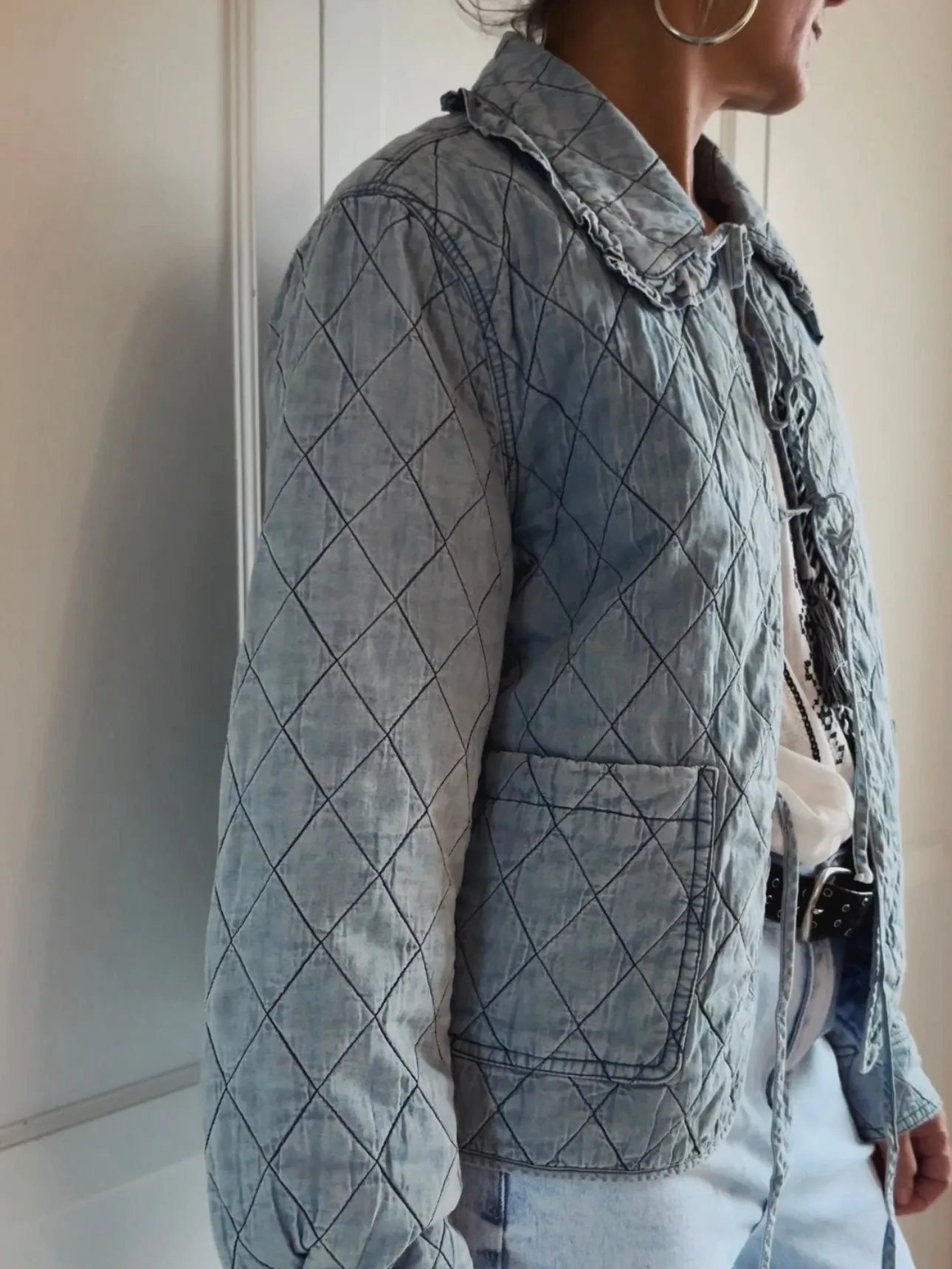 QUILTED DENIM TIE JACKET - BLUE
