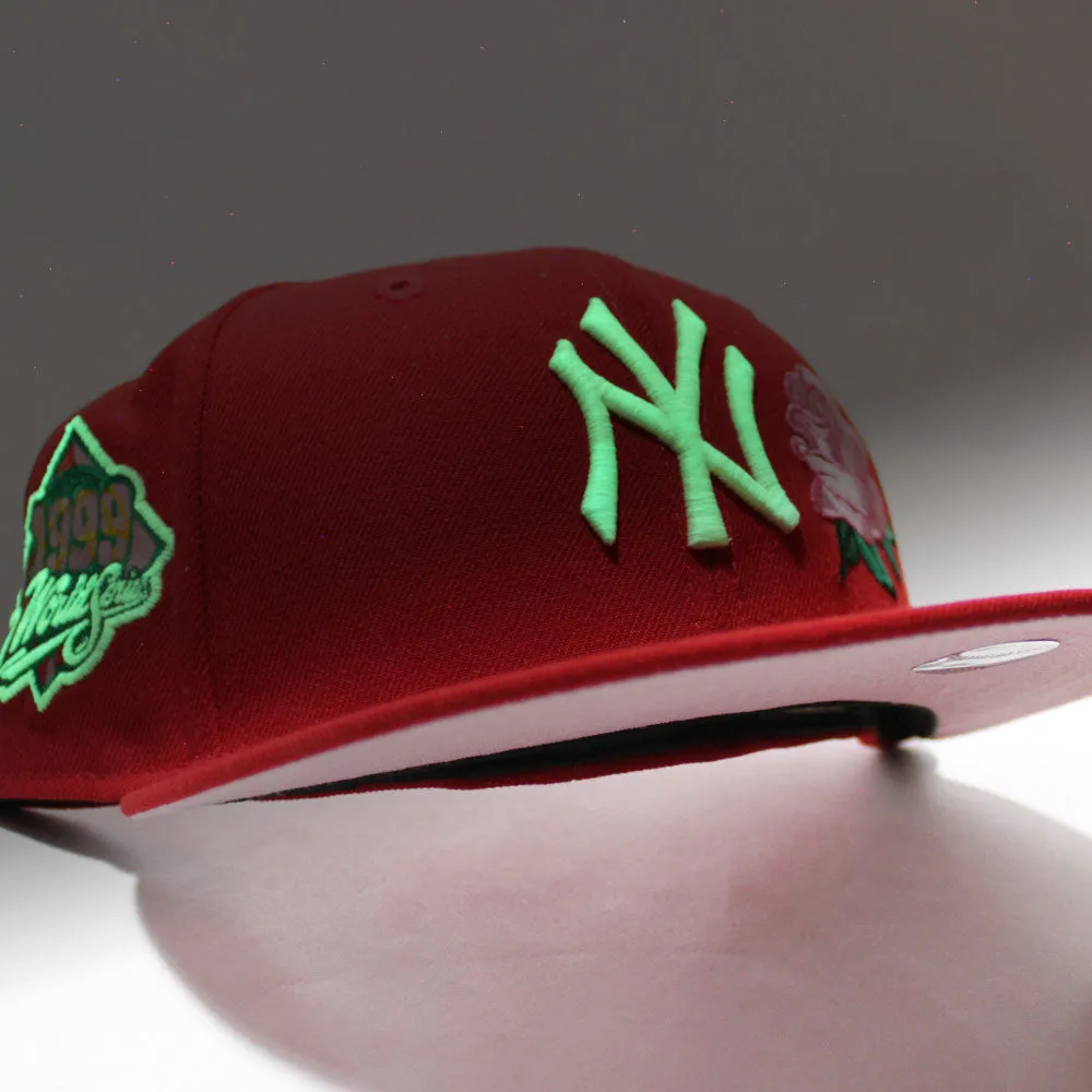 Rose New York Yankees Rose 1999 World Series 59Fifty New Era Fitted Hat (Glow in the Dark Red Pink Under Brim)