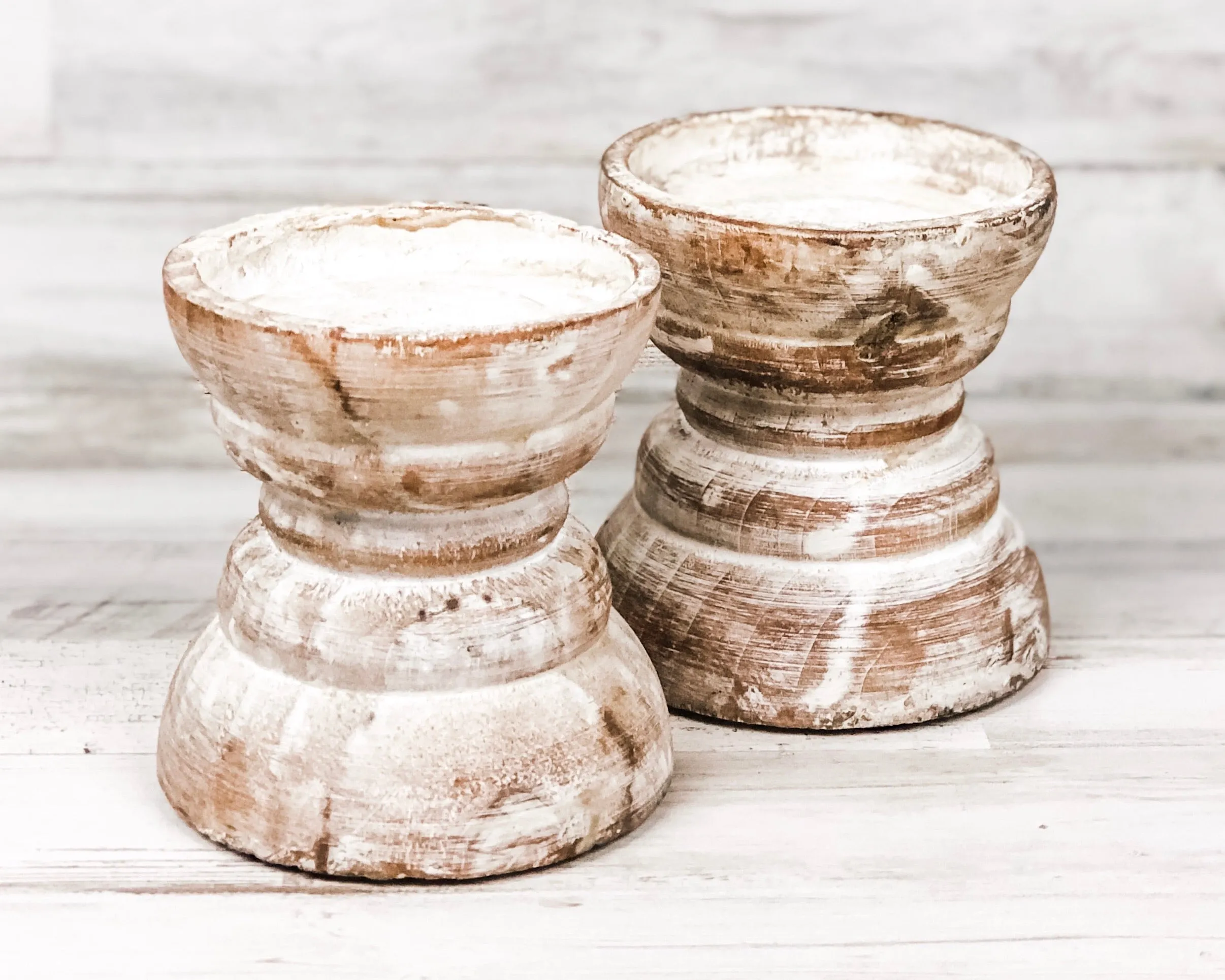 Short whitewashed pillar candle holder set