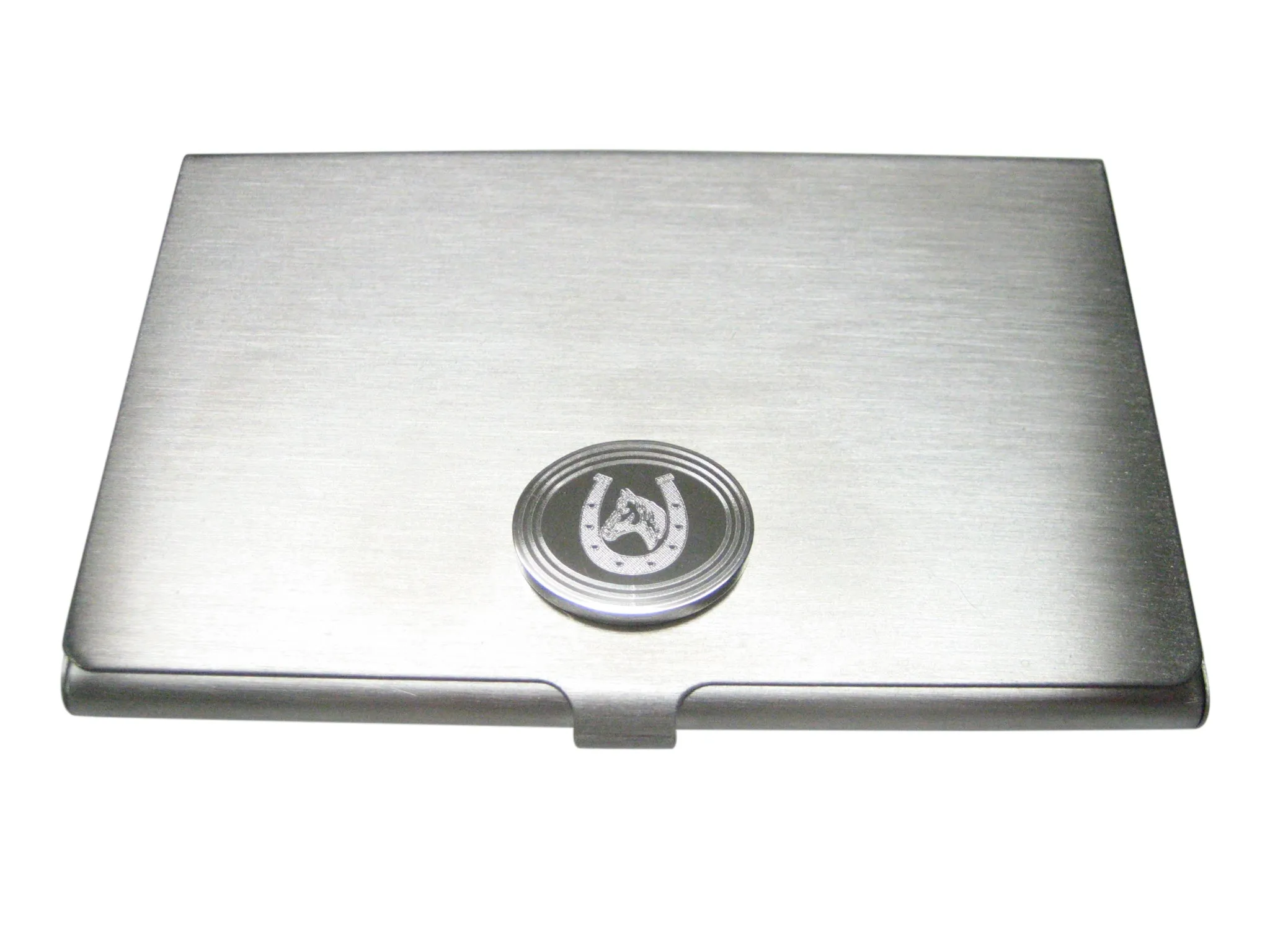 Silver Toned Etched Oval Horse and Horse Shoe Business Card Holder