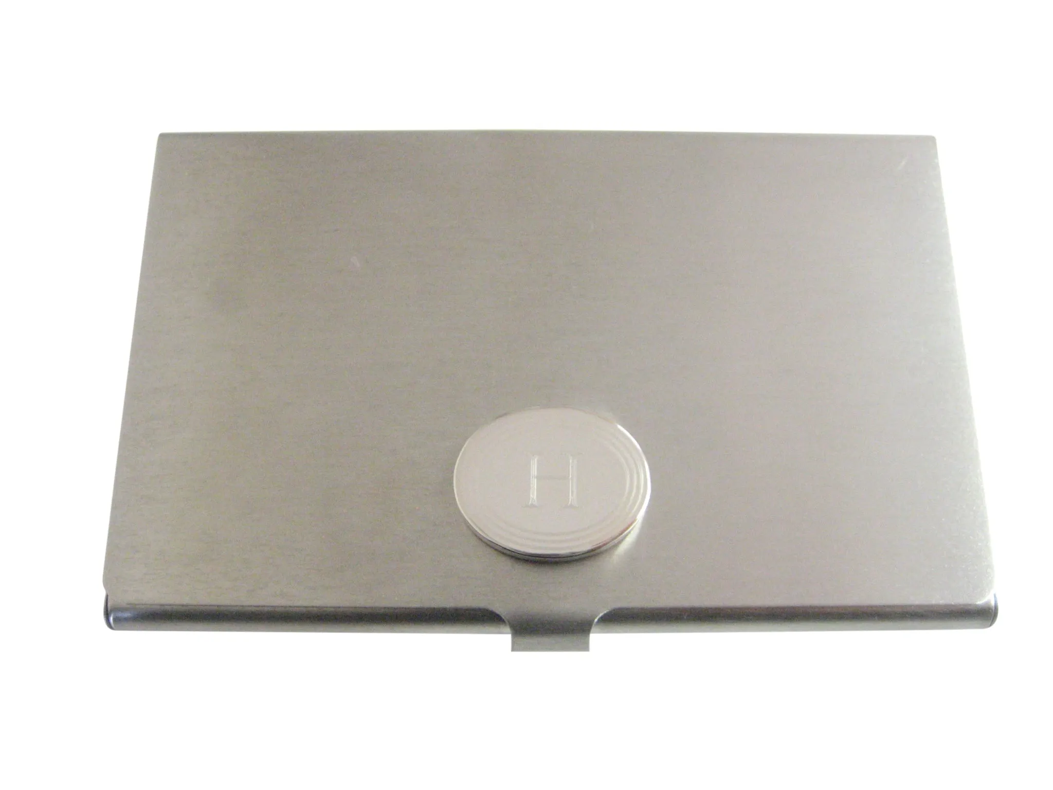 Silver Toned Etched Oval Letter H Monogram Business Card Holder