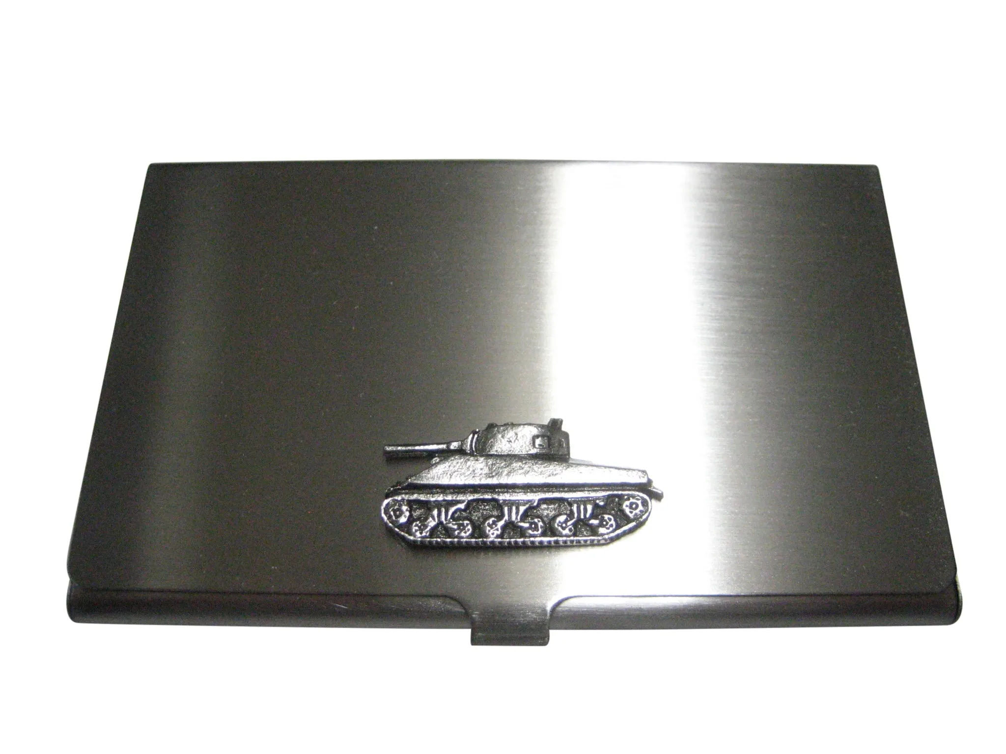 Silver Toned Textured Sherman War Tank Business Card Holder