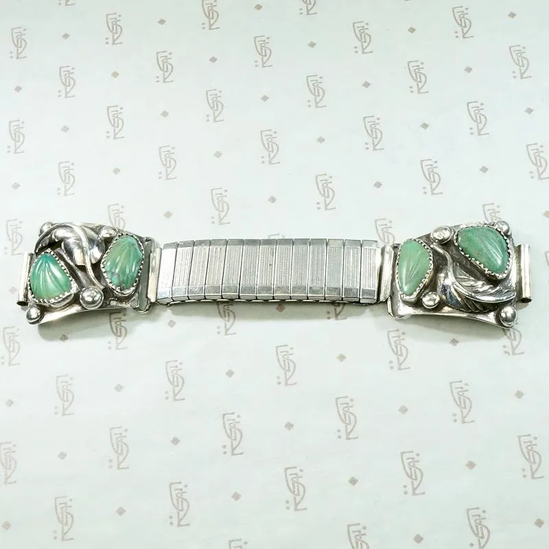 Silver Watch Band with Carved Green Turquoise
