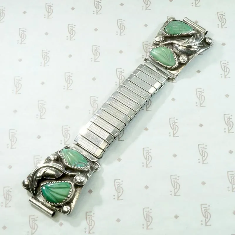 Silver Watch Band with Carved Green Turquoise