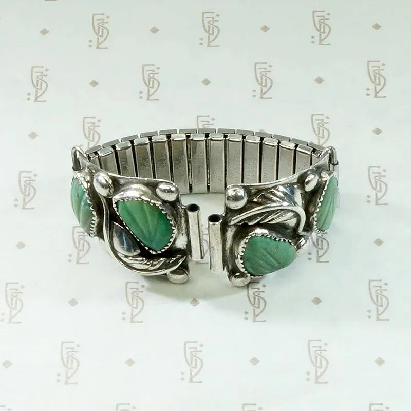 Silver Watch Band with Carved Green Turquoise