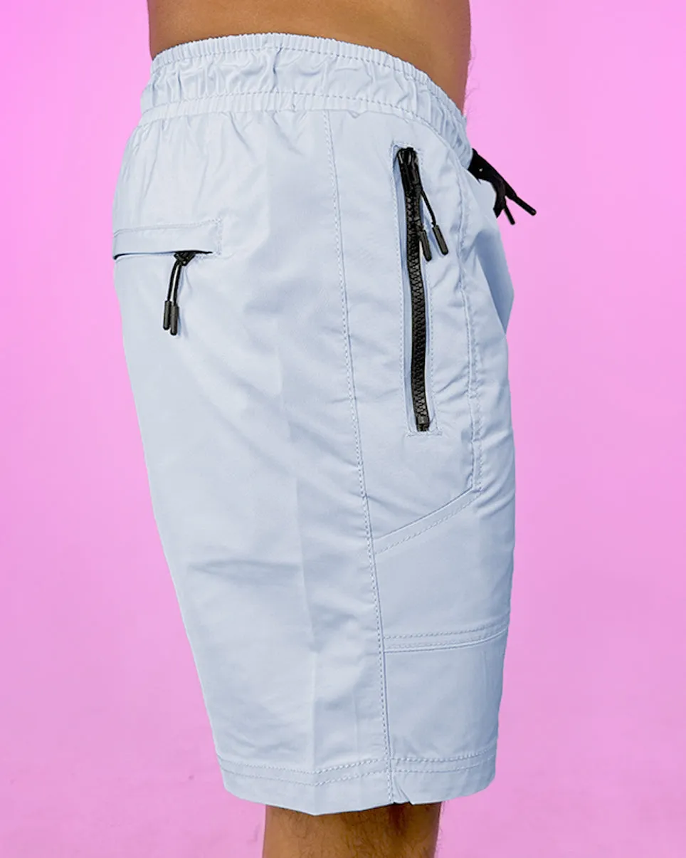 Sky Light Blue 7" Inseam Men's Shorts w/ Reflective Zipper Trims
