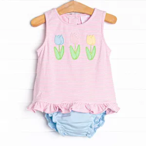 Spring Blooms Applique Diaper Set, Pink Stripe