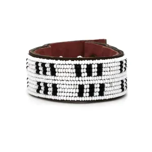 Swahili Coast - Medium Black and White Stitches Leather Cuff