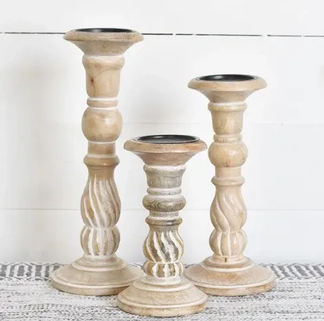 Swirl Carved Wood Candle Holders