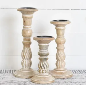 Swirl Carved Wood Candle Holders