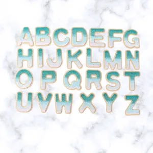 Teal Ombré Letter Patch - Self Adhesive & Iron On Alphabet Diy Gold Trim - Varsity Letter Perfect for Nylon Pouch cosmetic DIY