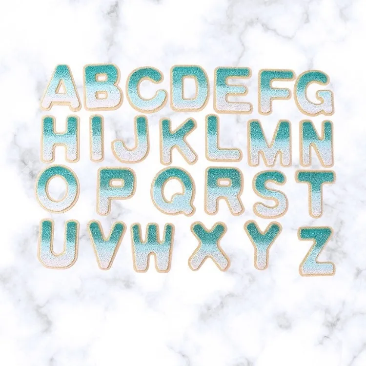 Teal Ombré Letter Patch - Self Adhesive & Iron On Alphabet Diy Gold Trim - Varsity Letter Perfect for Nylon Pouch cosmetic DIY
