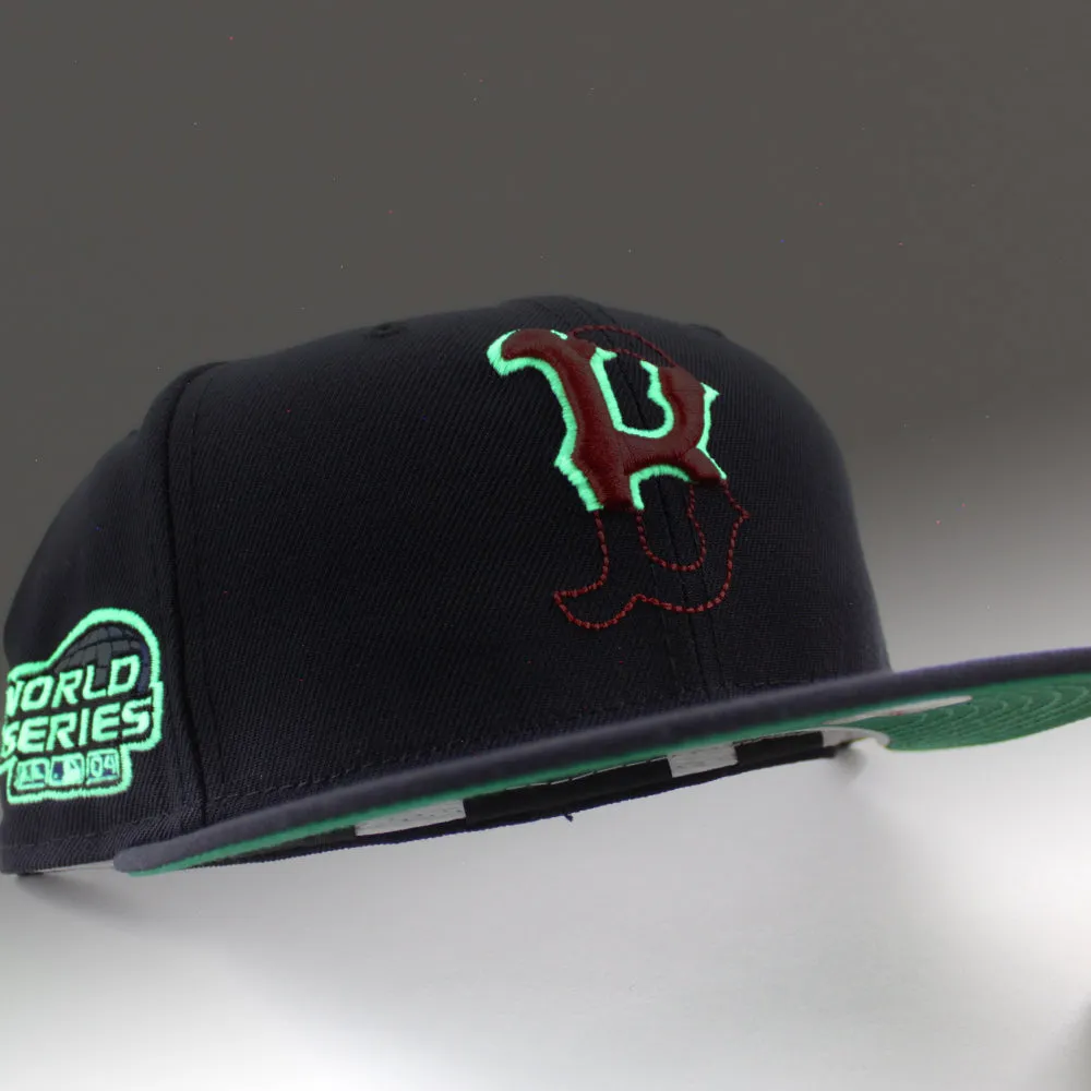 Tear off Logo Boston Red Sox 2004 World Series New Era 59Fifty Fitted Hat (GITD Navy Green Under Brim)