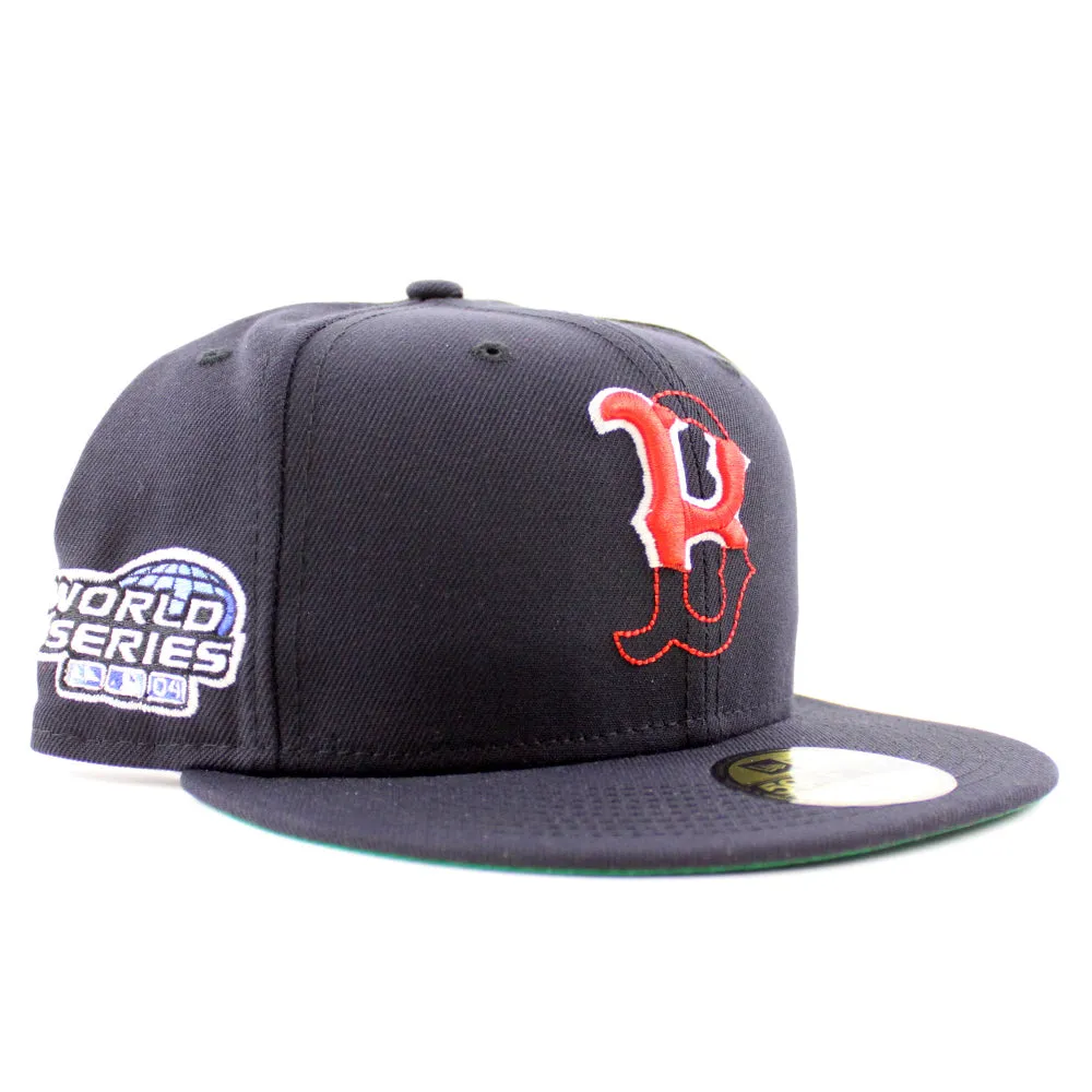 Tear off Logo Boston Red Sox 2004 World Series New Era 59Fifty Fitted Hat (GITD Navy Green Under Brim)