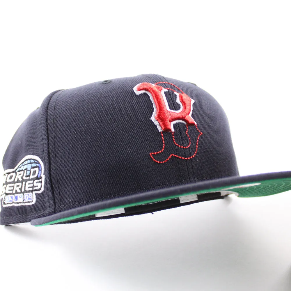 Tear off Logo Boston Red Sox 2004 World Series New Era 59Fifty Fitted Hat (GITD Navy Green Under Brim)