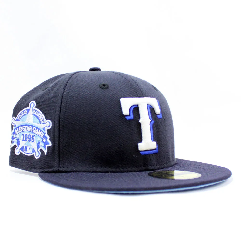 Texas Rangers 1995 All Star Game New Era 59Fifty Fitted Hat (Glow in The Dark Navy Sky Blue Under Brim)
