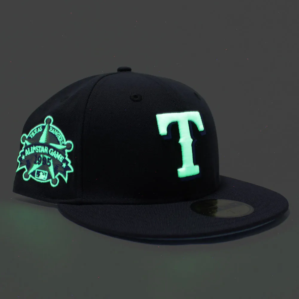 Texas Rangers 1995 All Star Game New Era 59Fifty Fitted Hat (Glow in The Dark Navy Sky Blue Under Brim)