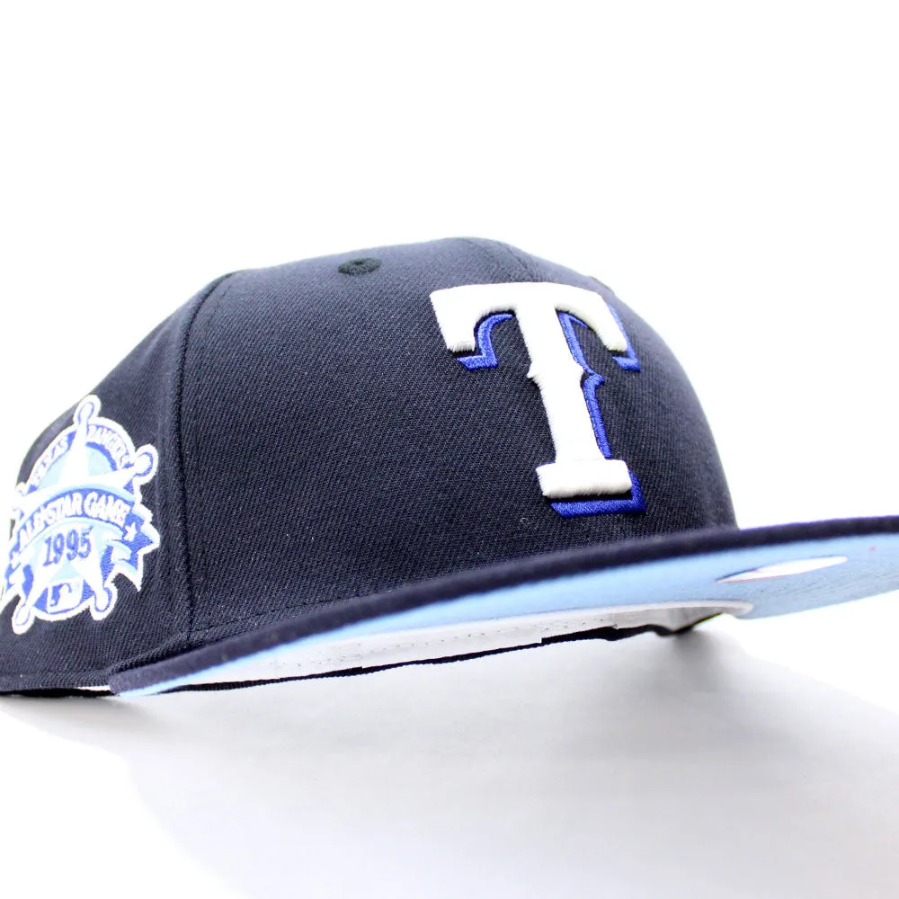 Texas Rangers 1995 All Star Game New Era 59Fifty Fitted Hat (Glow in The Dark Navy Sky Blue Under Brim)