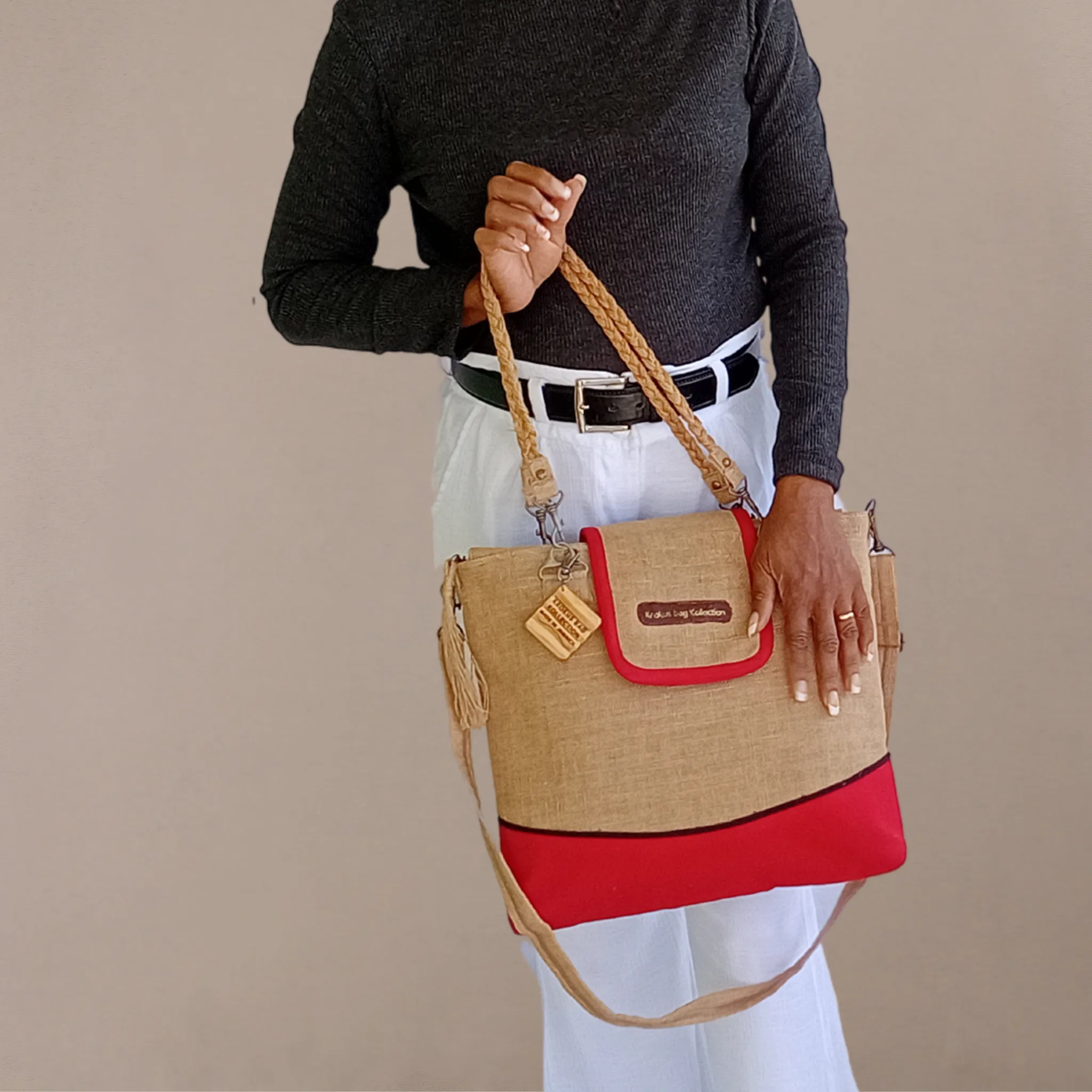 Tote Set, Bright Red Linen Trim