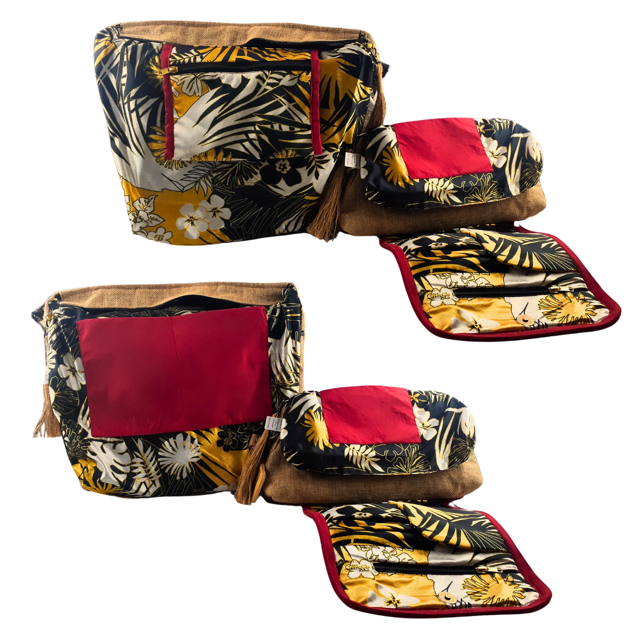 Tote Set, Bright Red Linen Trim