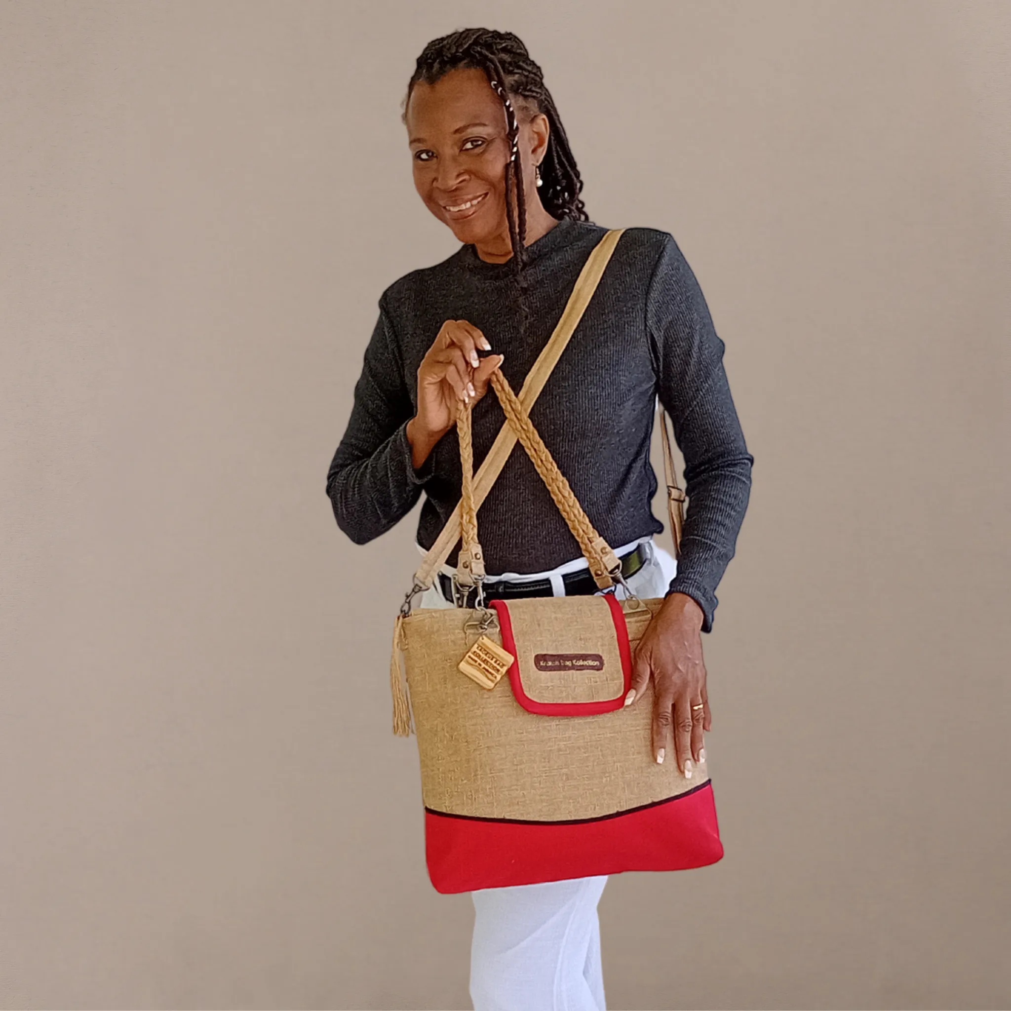 Tote Set, Bright Red Linen Trim
