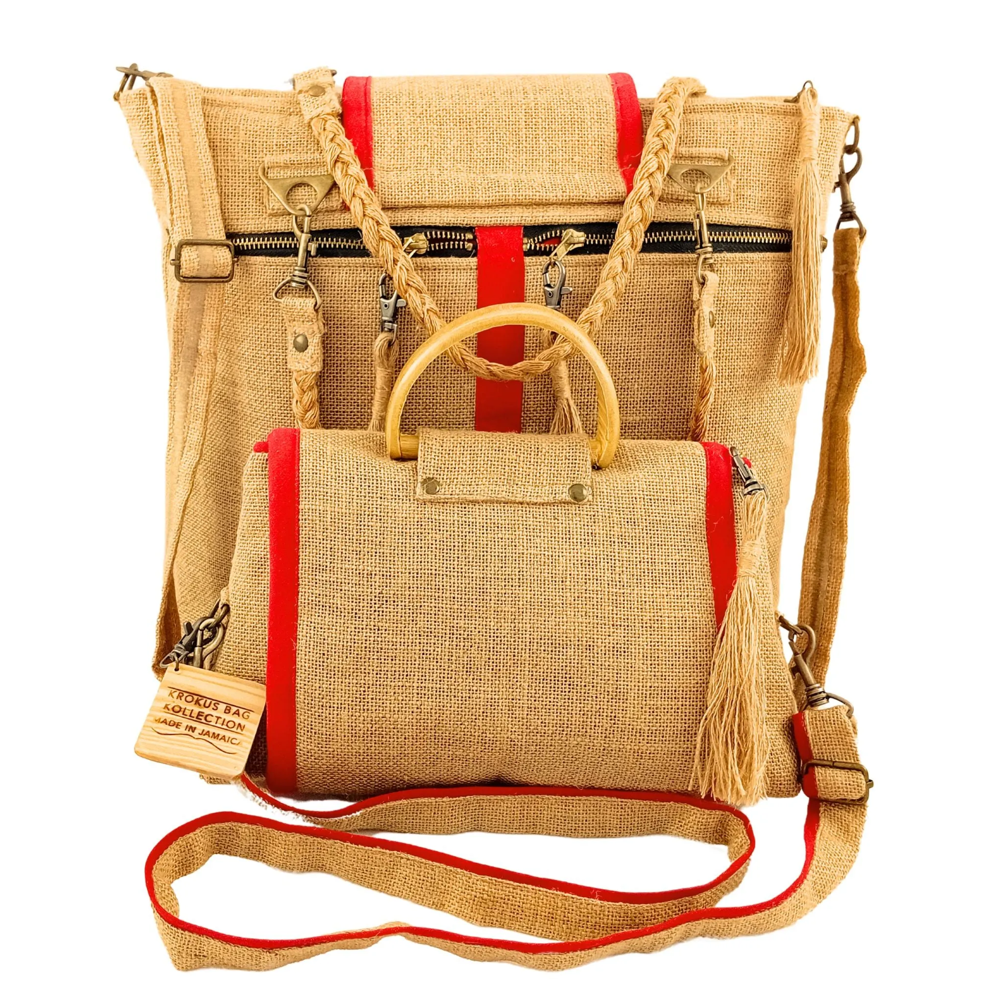 Tote Set, Bright Red Linen Trim